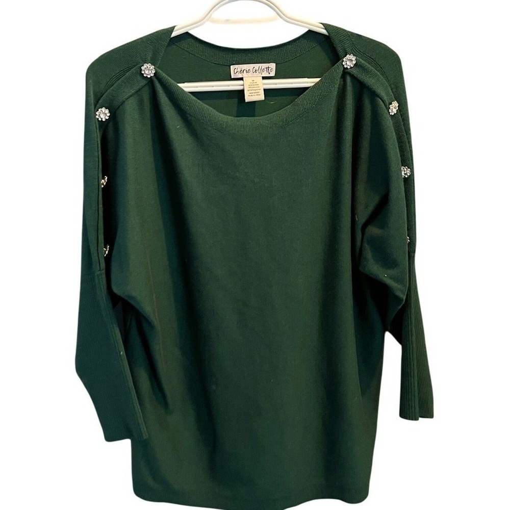 Cherie Collette Green Rhinestone Button Shoulder Dolman Sweater Medium BSW1499M
